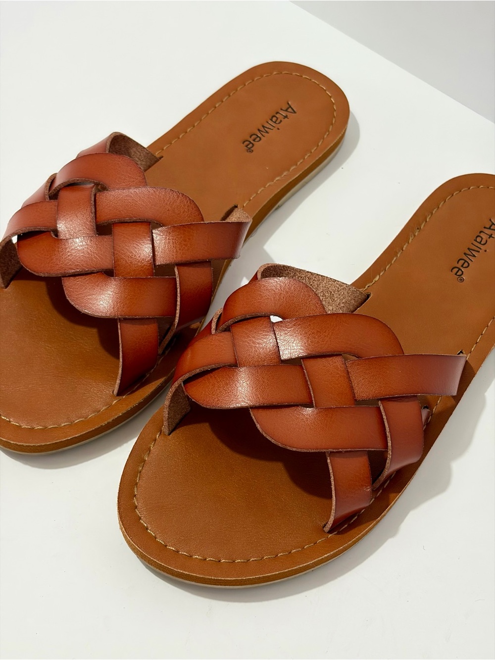 Ataiwee Flat Slide Sandals in Rich Cognac Brown